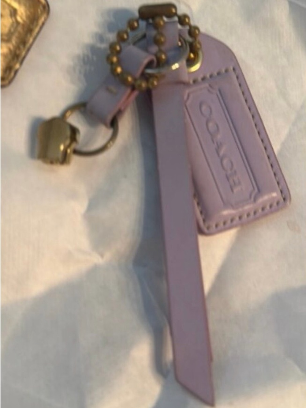 COACH LEATHER STRAP BRASS BALL CHAIN KEYFOB CHARM HANGTAG ZIPPER LAVENDER